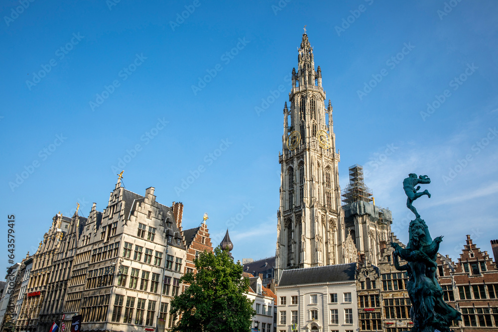Heritage buildings and cathedral spire, Antwerp, Belgium.