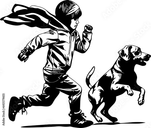 Petit garçon qui promène son chien