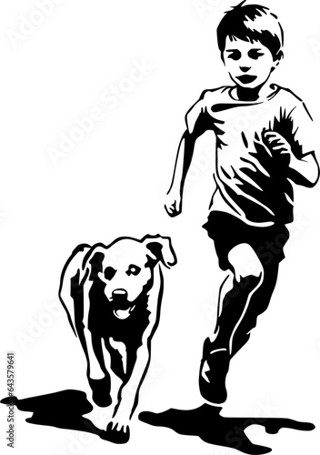 Petit garçon qui promène son chien