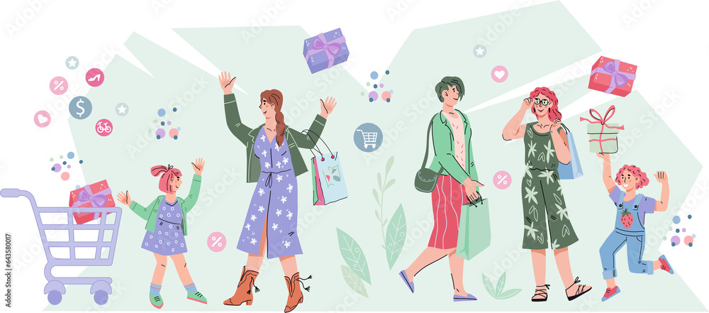 Banners for big sale and holiday special offer with female characters shopping. Banner or flyer layout for Womens Day and seasonal sales. with women and girls buying goods.