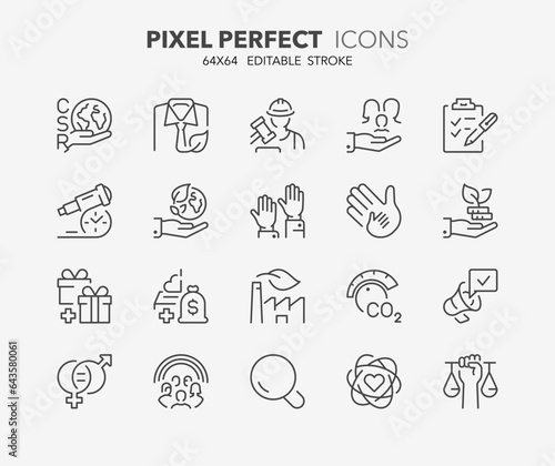 Set of thin line icons about corporate social responsibility. Editable vector stroke. 64x64 Pixel Perfect.