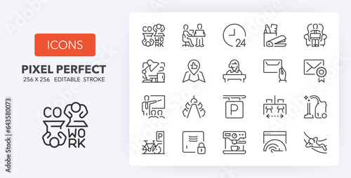 Set of thin line icons about coworking and work spaces services. Outline symbol collection. Editable vector stroke. 256x256 Pixel Perfect scalable to 128px, 64px...