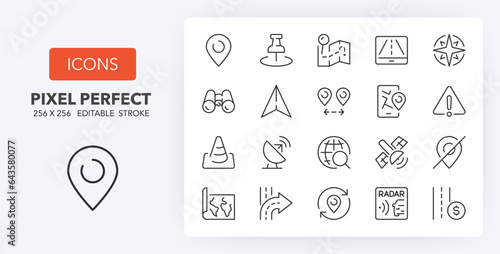 Set of thin line icons about navigation and location. Outline symbol collection 2/2. Editable vector stroke. 256x256 Pixel Perfect scalable to 128px, 64px...