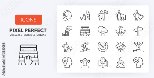 Set of thin line icons of personal growth and accomplishment. Outline symbol collection. Editable vector stroke. 256x256 Pixel Perfect scalable to 128px, 64px...