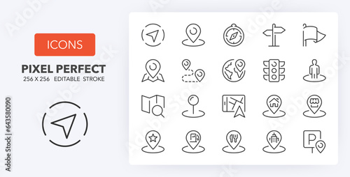 Set of thin line icons about navigation and location. Outline symbol collection 1/2. Editable vector stroke. 256x256 Pixel Perfect scalable to 128px, 64px...