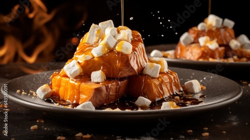 a roasted sweet potato, topped with marshmallows and a drizzle of maple syrup