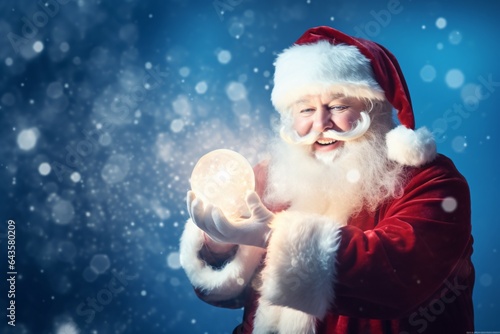 Happy Santa Claus opening christmas gift box over snowy blue background with copy space space. ai generated © haallArt