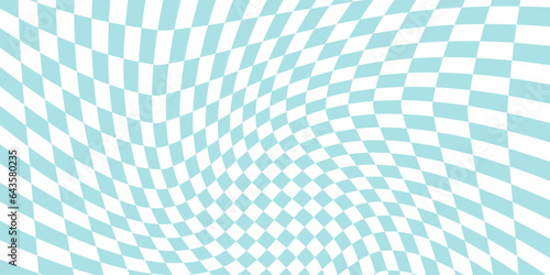 Blue distorted checkerboard background. Retro psychedelic checkered wallpaper. Wavy groovy chessboard surface. Trippy twisted geometric pattern. Abstract vector backdrop