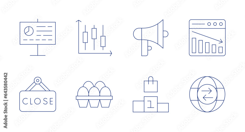 Market icons. editable stroke. Containing analytics, candlestick chart, close, eggs, megaphone, podium, stock market, trade.