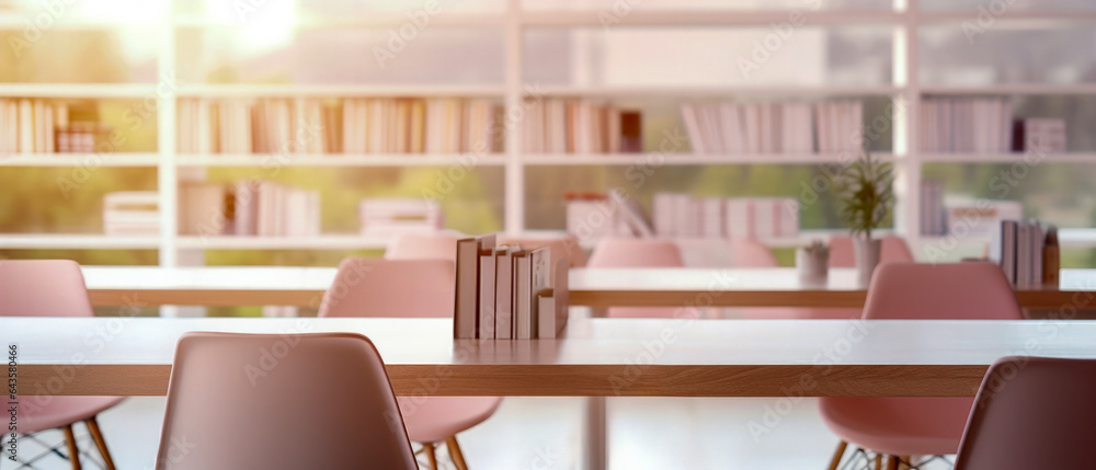 Long table with chairs in the library room with bookshelves in the background, and a large window. High quality photo Long table with chairs in the library room with bookshelves in the background, and a large window. High quality photo