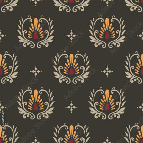 Seamless pattern with abstract floral elements designed in a tribal ethnic style.