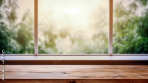 Wooden table by the window against the backdrop of a lush tree with the reflection of the sunlight outdoors. High quality photo