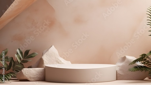 Premium podium made of paper on pastel background with plant branches,leaves,pebbles and natural stones.Mock up for the exhibitions,presentation of products, AI Generated
