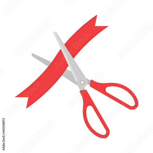 Grand opening celebrities illustration. Scissors cutting a red ribbon. Concept of Opening shops. Vector illustration in flat style.