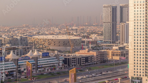 Aerial view to Dubai City Walk district timelapse from above