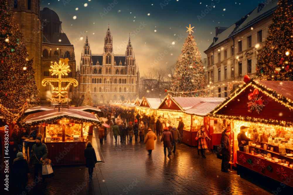 Christmas Market with blurred people walking and buying gifts in the stall streets. European city on winter at night.