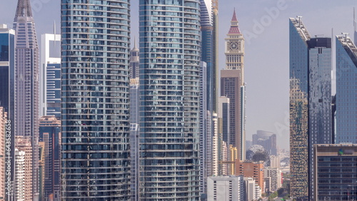 Dubai International Financial district aerial morning timelapse