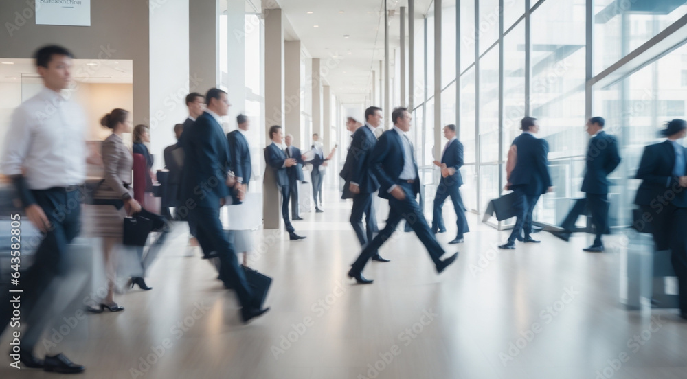 Captivating Long Exposure Image: Business Executives in Motion, Hustling Through a Radiant Office Lobby, Their Swift Pace Rendered as an Artistic Blur, Generative AI