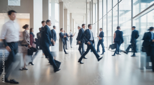 Captivating Long Exposure Image: Business Executives in Motion, Hustling Through a Radiant Office Lobby, Their Swift Pace Rendered as an Artistic Blur, Generative AI
