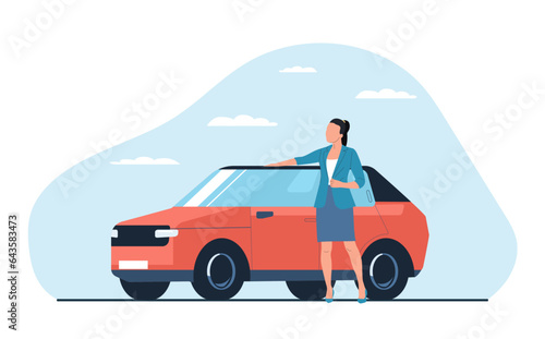 A woman stands by car with his hand on its roof. Concept for insurance companies or car dealers. Vector illustration.
