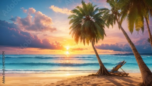 Sunset time on the beach and sea with coconut and palm trees
