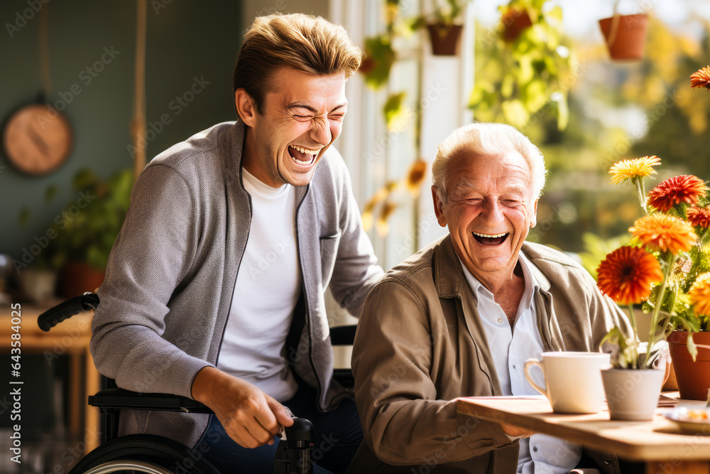 Emotionally-riveting scene of a cheerful home aide and elderly man, enjoying laughter over nostalgia-filled old photographs against a plain background. Emotionally-riveting scene of a cheerful home aide and elderly man, enjoying laughter over nostalgia-filled old photographs against a plain background.