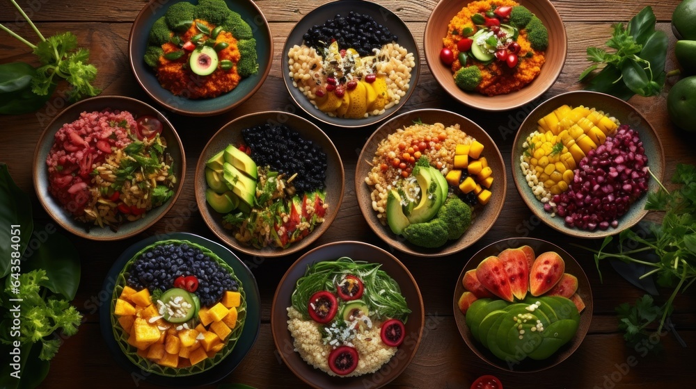 A colorful display of vegan dishes made from fresh vegetables, grains, and fruits showcasing the variety and richness of vegan cuisine on World Vegan Day.