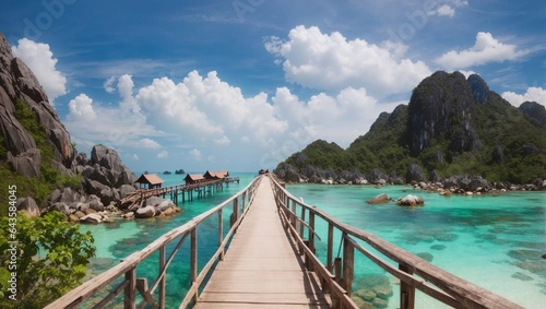 The wooden bridge at koh nangyuan island in Maldives with mountains,clear cean and boats under blue sky  photo