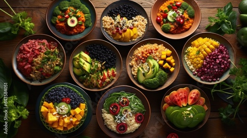 A colorful display of vegan dishes made from fresh vegetables, grains, and fruits showcasing the variety and richness of vegan cuisine on World Vegan Day.