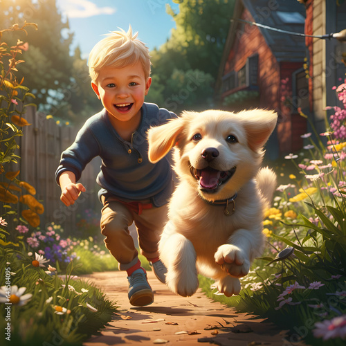 Young boy running with a puppy in a garden on a summer day. The concept of playfullness, care, love and friendship. Amazing digital illustration. CG artwork photo