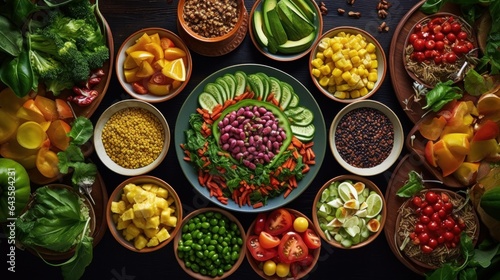 A colorful display of vegan dishes made from fresh vegetables, grains, and fruits showcasing the variety and richness of vegan cuisine on World Vegan Day. photo
