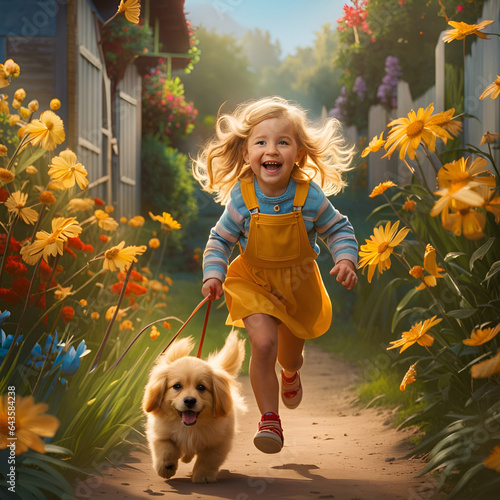 Young girl running with a puppy in a garden on a summer day. The concept of playfullness, care, love and friendship. Amazing digital illustration. CG artwork photo