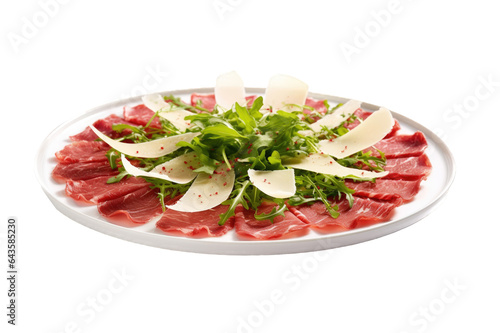 Italian beef carpaccio with Parmesan cheese, and rucola on white plate and cutout PNG transparent background