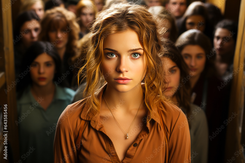 Compelling portrayal of a visibly anxious young woman clutching her chest, surrounded by a crowd in a plain studio setting, evoking feelings of social phobia and emotional stress. Compelling portrayal of a visibly anxious young woman clutching her chest, surrounded by a crowd in a plain studio setting, evoking feelings of social phobia and emotional stress.