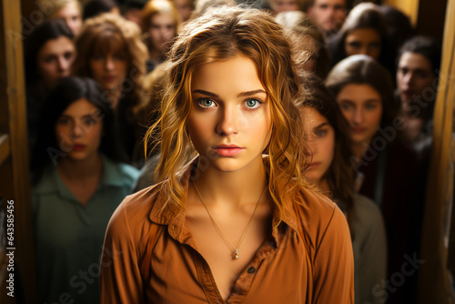 Compelling portrayal of a visibly anxious young woman clutching her chest, surrounded by a crowd in a plain studio setting, evoking feelings of social phobia and emotional stress.