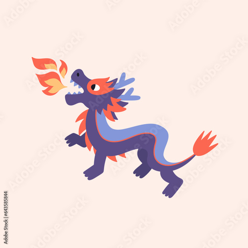 Dragon flat cartoon style. Oriental fantasy animal isolated on beige background. Vector illustration with asian fairytale character. Chinese zodiac sign. New year symbol.