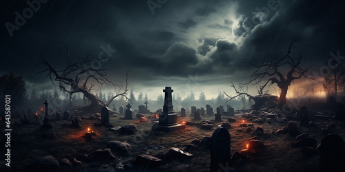 a graveyard under a thunderstorm  with lightning flashes and ominous clouds.