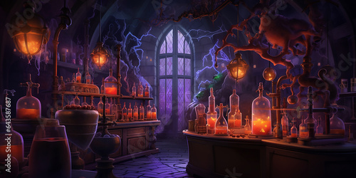 a witch's lair with bubbling cauldrons, potion ingredients, and magical artifacts.