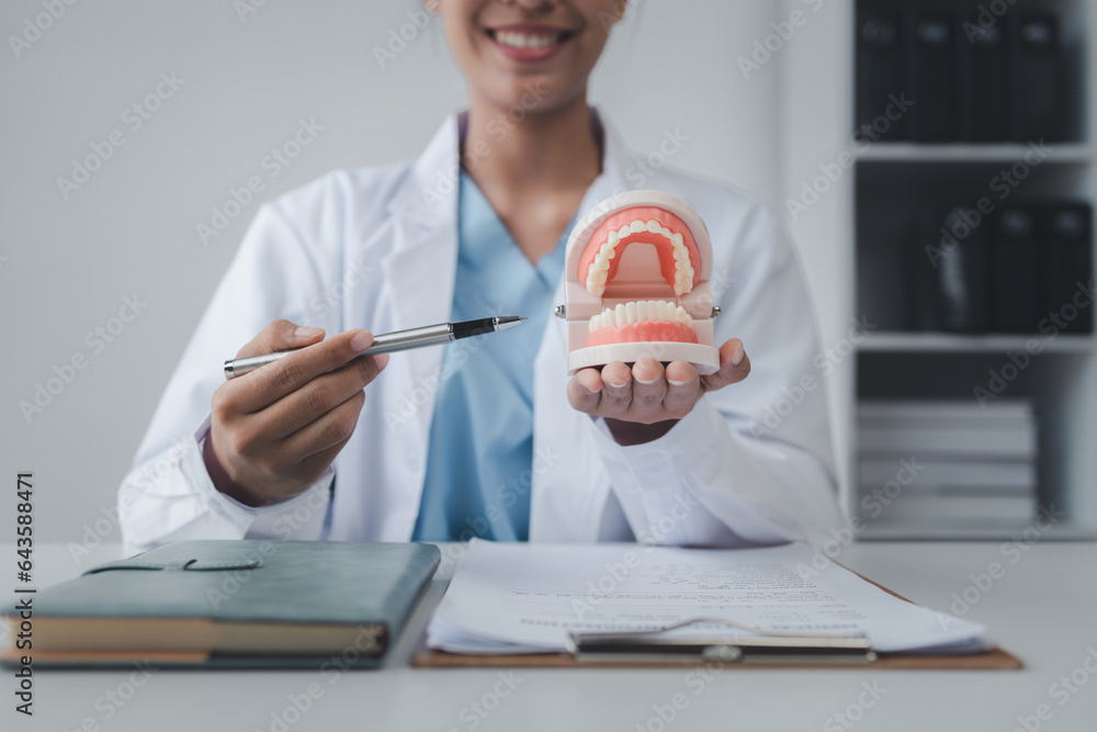 Female dentist with dentures for explaining teeth, recommending
