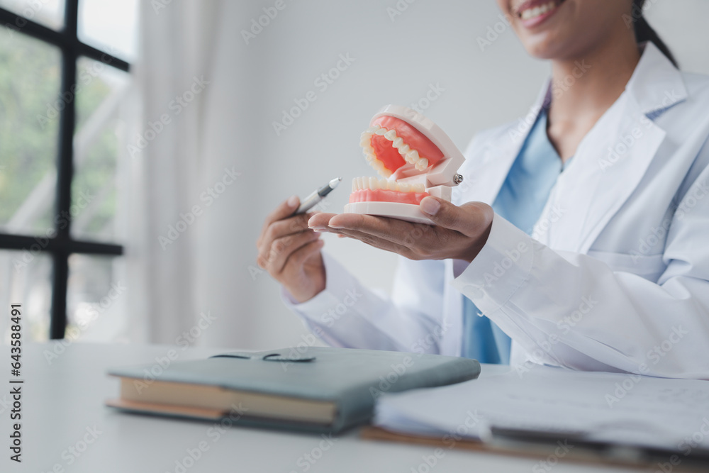 Female dentist with dentures for explaining teeth, recommending