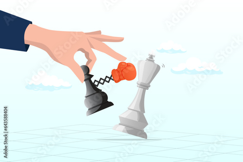 Chess pawn defeat king with game changer strategy, game changer to win business competition, secret weapon or winning strategy to defeat rival and competitors, innovation to help victory (Vector)