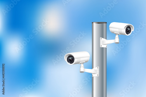 Close up of CCTV camera over defocused background. Security monitoring system for smart home, company. Vector