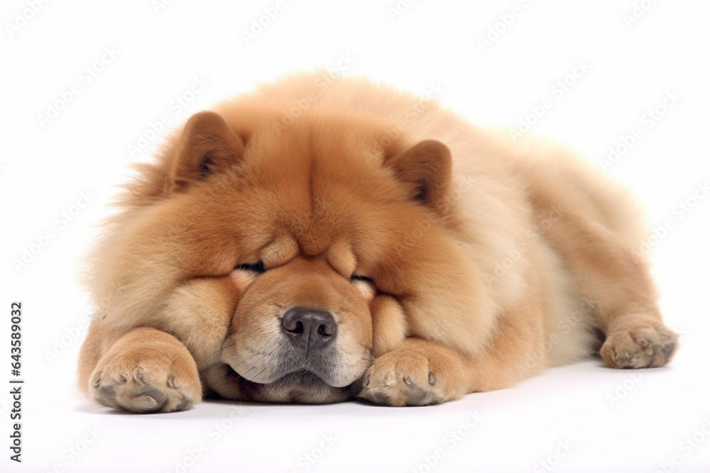 Chow Chow dog lying down on white background