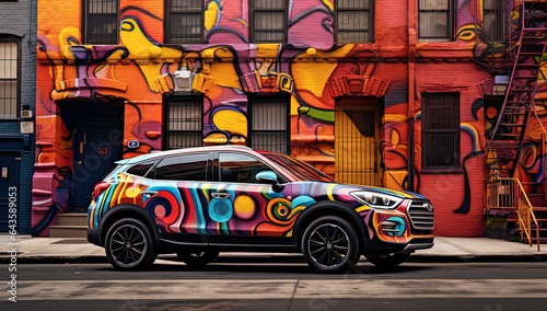 close up graffiti car with city wall full of messy graffiti art illustration, Generative Ai 