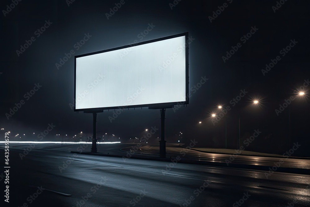 Blank billboard on the road at night. 3d rendering. Generative AI Blank billboard on the road at night. 3d rendering. Generative AI
