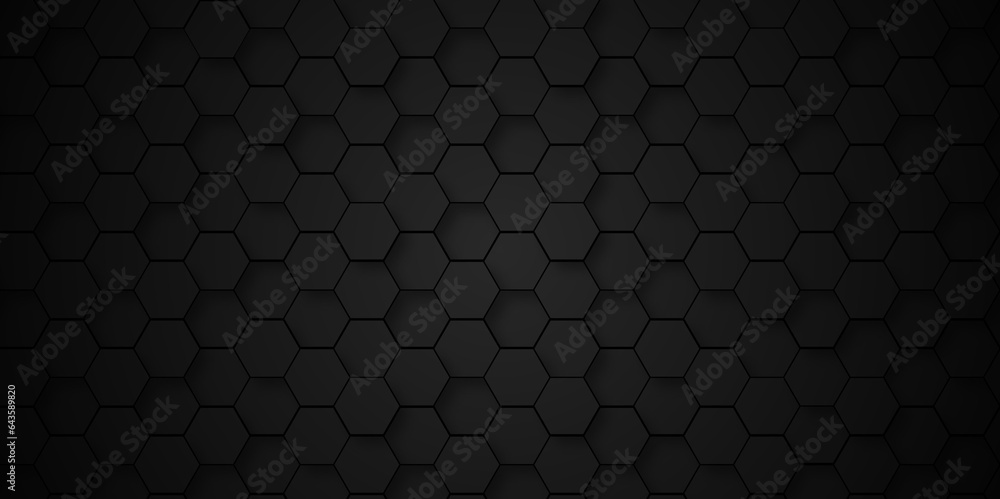 Background of abstract black 3d hexagon background design a dark honeycomb grid pattern. Abstract octagons dark 3d background.Black geometric background for design.