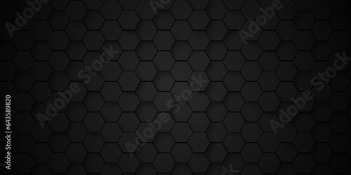 Background of abstract black 3d hexagon background design a dark honeycomb grid pattern. Abstract octagons dark 3d background.Black geometric background for design.