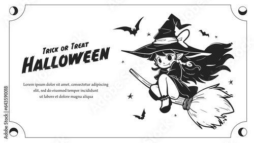 Halloween witch flying on broomstick. Black and white vector illustration. Japanese anime, cartoon style