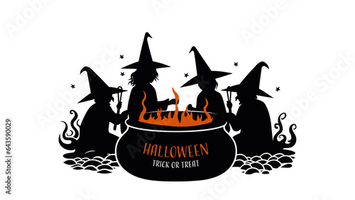 Halloween background with silhouettes of witches and potion. Vector illustration.