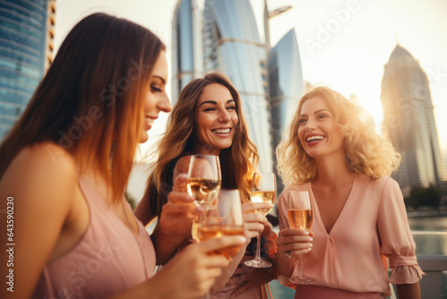 Group of happy rich and stylish woman friends clinking with glasses of wine, celebrating holiday in Dubai with skyline and skyscrapers in the background